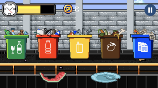 Gameplay in EcoCity game where student must place waste on a conveyor belt in the correctly labeled can.