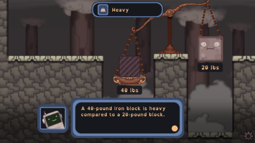 Gameplay in Mighty Chin Chin: What's the Matter showing the physical property of object weight via a traditional scale with a 40 pound block on one side and a 20 pound block on the other.