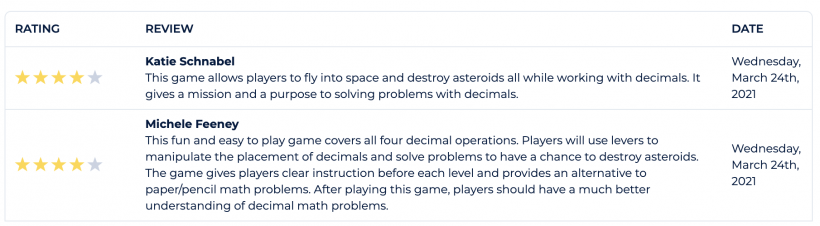 Written teacher reviews for Decimal Discovery.