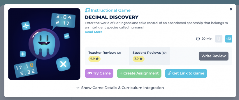Description and ratings for the game Decimal Discovery.