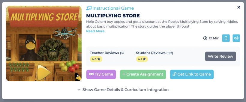 Description and ratings for the game Multiplying Store on the Legends of Learning platform.