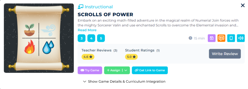 Scrolls of Power Math Games