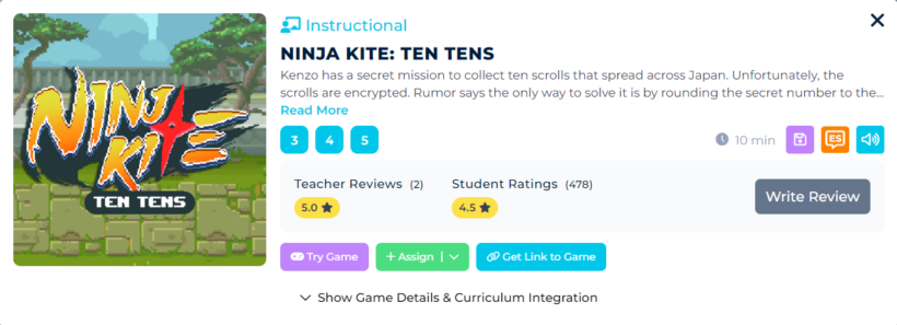 Ninja Kite Ten Tens Elementary Math Game