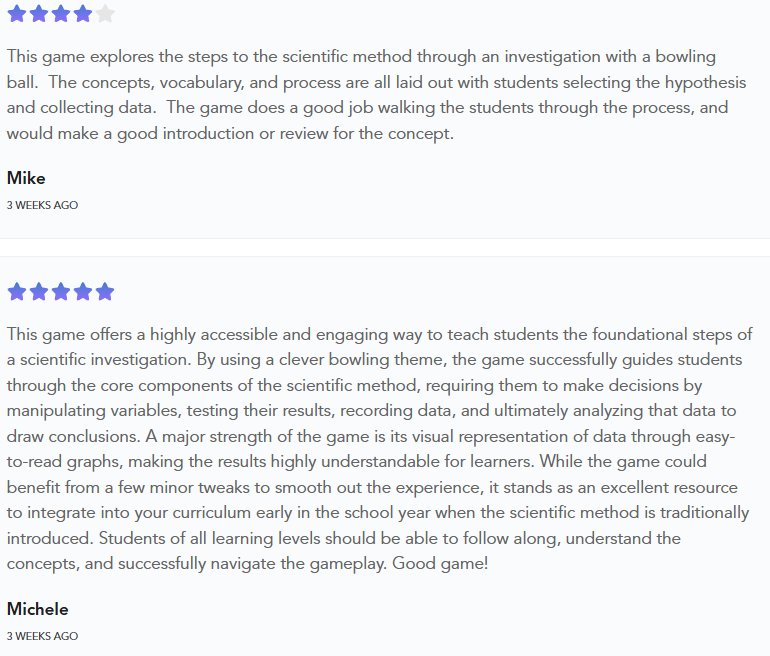 Student reviews for Bowling Method middle school science game